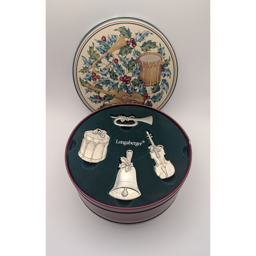 Longaberger Pewter Christmas Ornaments Set 4 Musical Instruments with Tin‎ USA